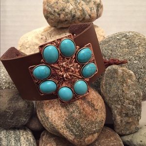 Leather with Copper & Turquoise Design Bracelet